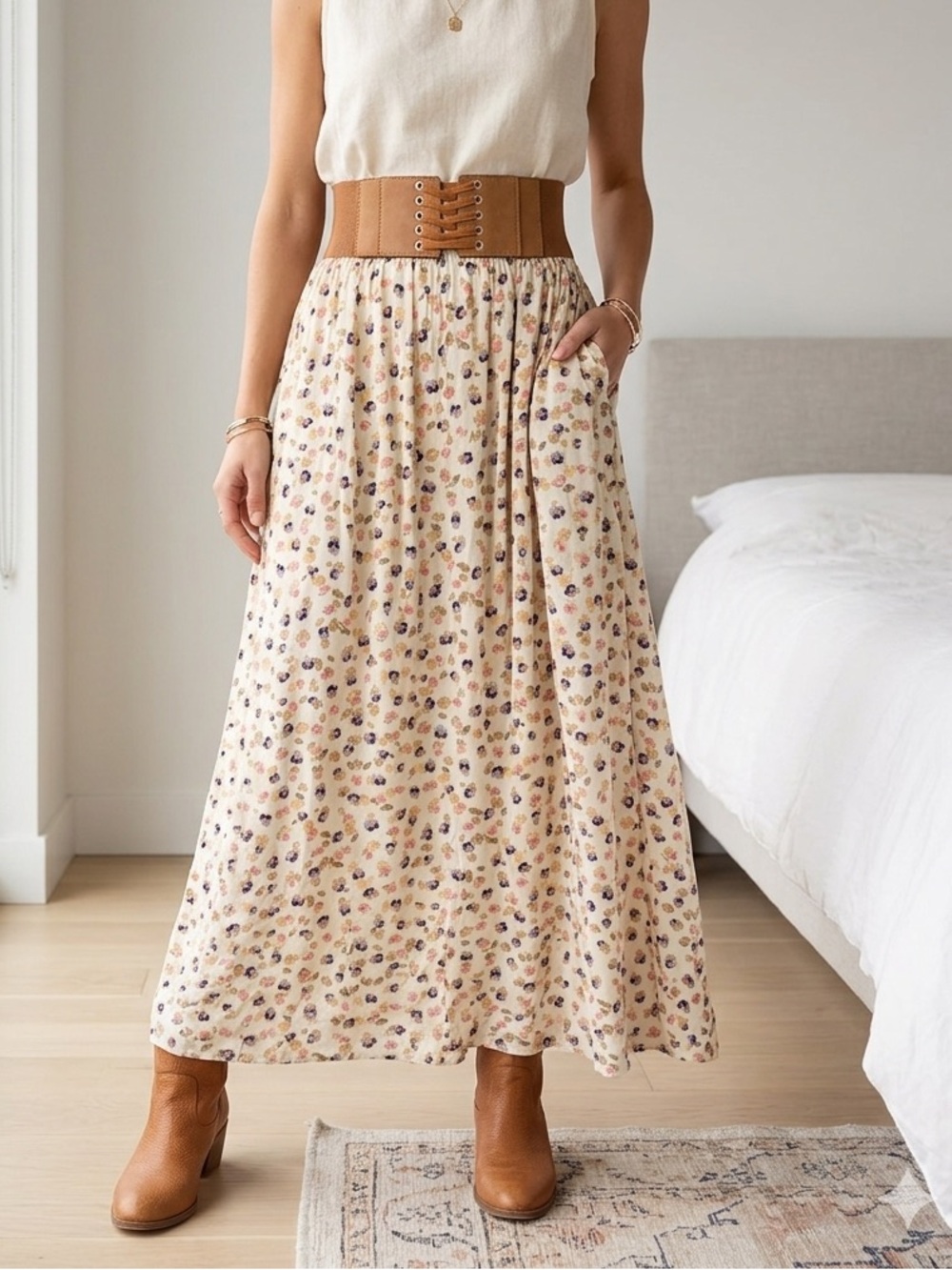 Ardene Floral Maxi Skirt Boho Lace Up Corset Waist Floral Print Cream size XS